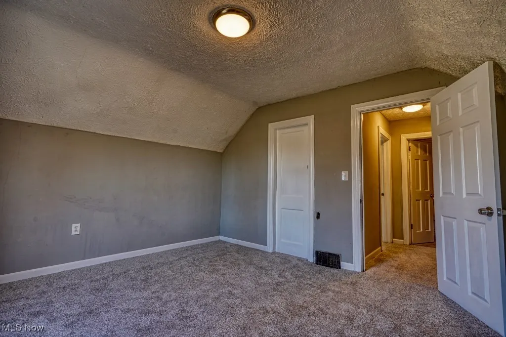 Bonus room with a textured ceiling, carpet, and vaulted ceiling