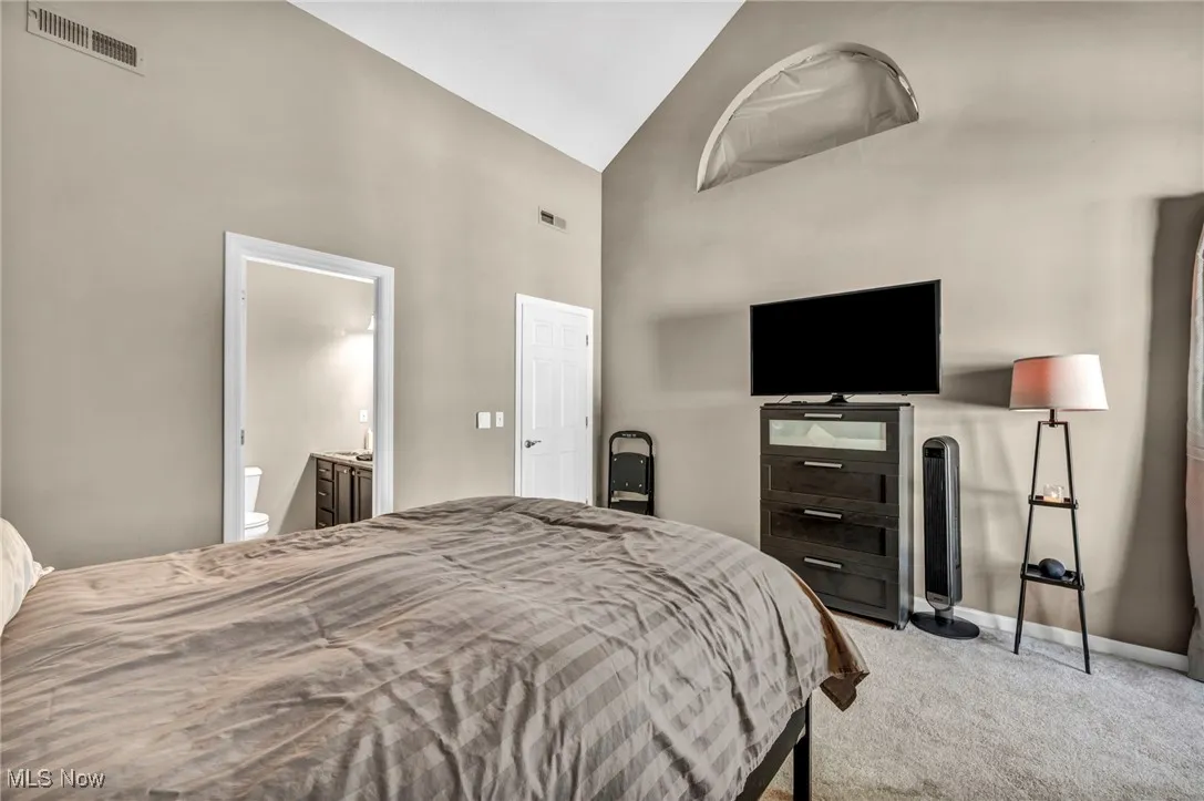 Bedroom with carpet floors, high vaulted ceiling, and connected bathroom