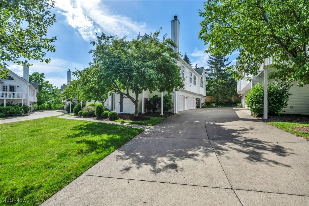 View of property hidden behind natural elements with an attached garage, driveway, a front yard, and a chimney