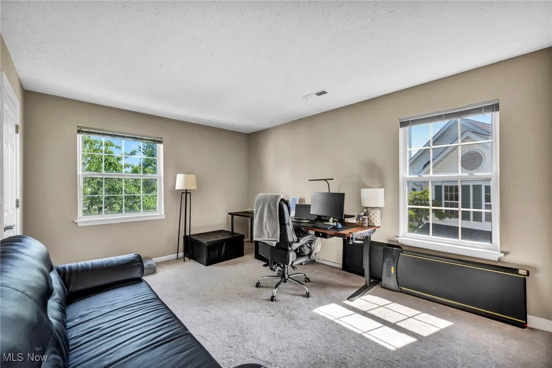 Carpeted office space with healthy amount of natural light and a textured ceiling