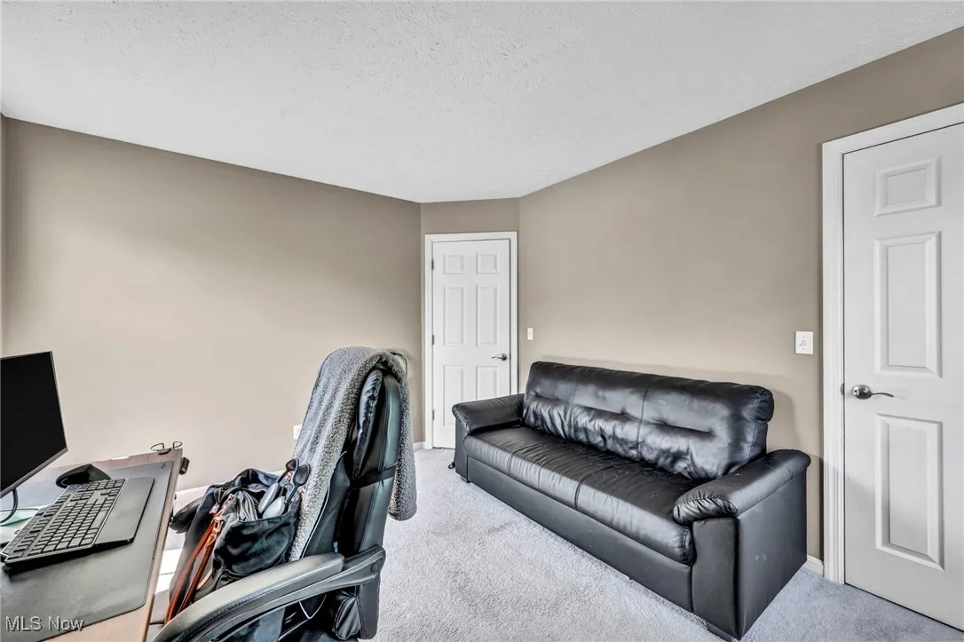 Office featuring carpet flooring and a textured ceiling