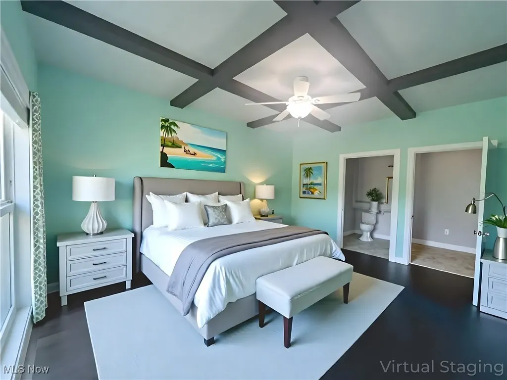 first floor Bedroom with coffered ceiling, beamed ceiling, a ceiling fan, and ensuite bathroom - virtually staged