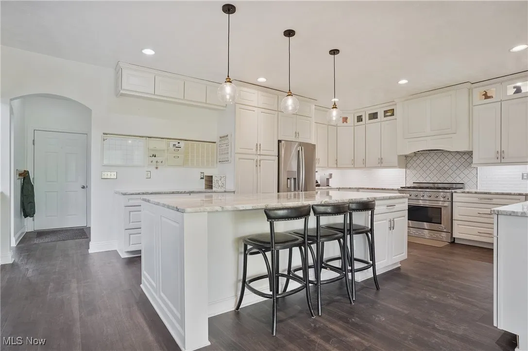 Kitchen with appliances with stainless steel finishes, arched walkway to garage and mudroom hallway, granite countertops, new lvt flooring, white cabinetry