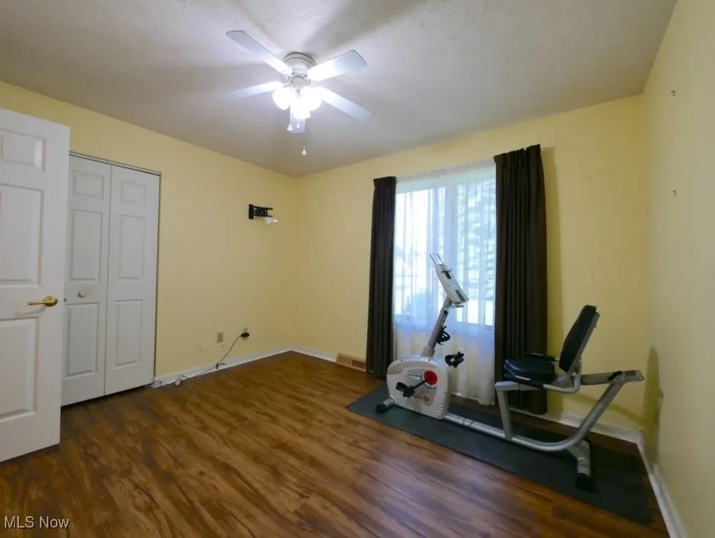 Workout room featuring wood finished floors and a ceiling fan