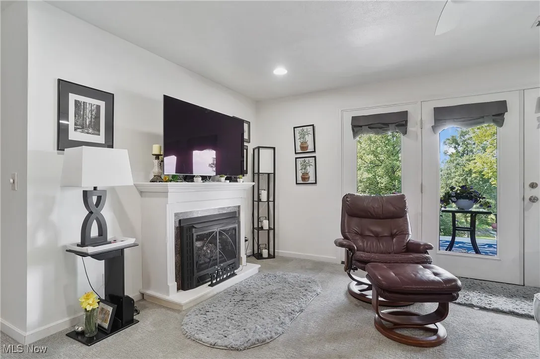 Sitting room with carpet, healthy amount of natural light, a fireplace, and recessed lighting