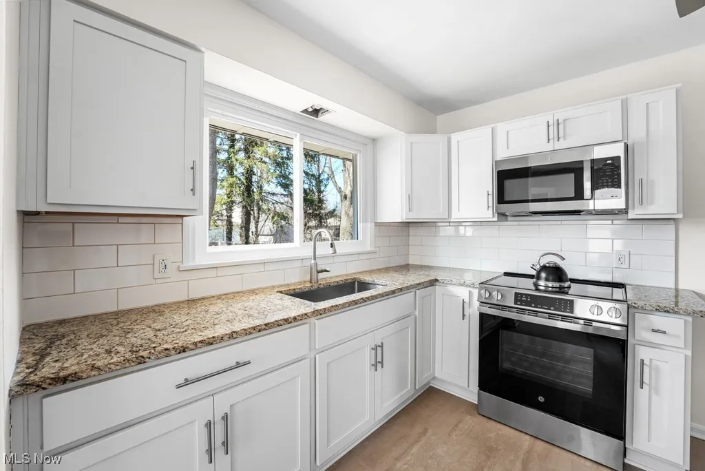 Remodeled kitchen boasts luxury vinyl flooring, soft-close white cabinets, granite countertops and brand-new stainless steel appliances
