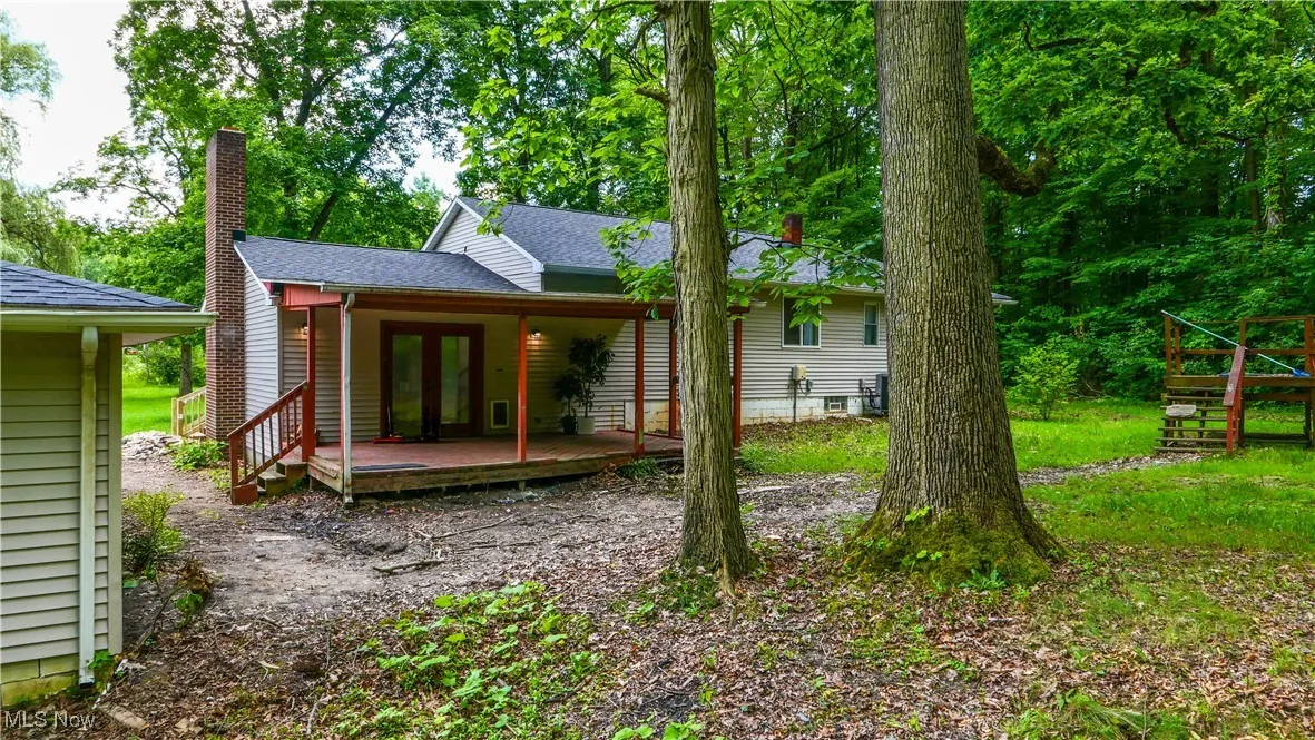 Back of house featuring a chimney, a shingled roof, and french doors