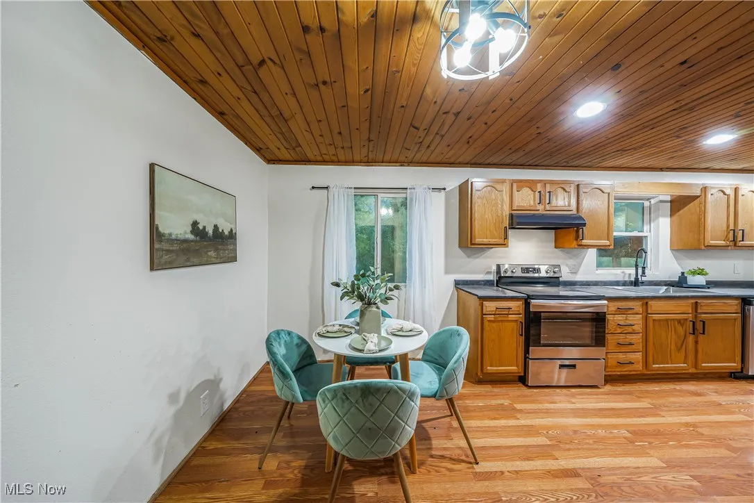 Kitchen featuring stainless steel electric stove, under cabinet range hood, dark countertops, light wood-style floors, and wood ceiling
