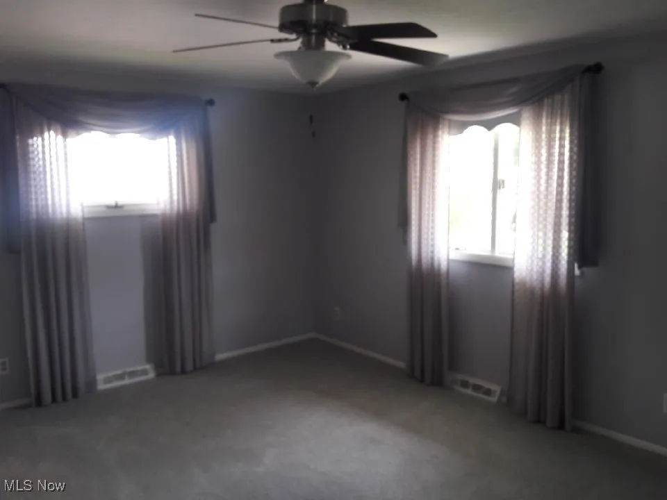 Carpeted spare room with healthy amount of natural light and a ceiling fan