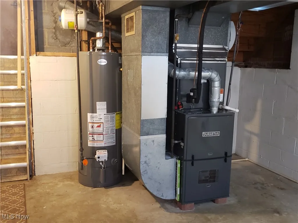 Utility room with gas water heater and heating unit
