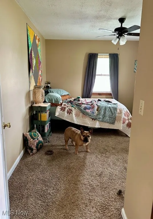 Carpeted bedroom featuring a textured ceiling and a ceiling fan