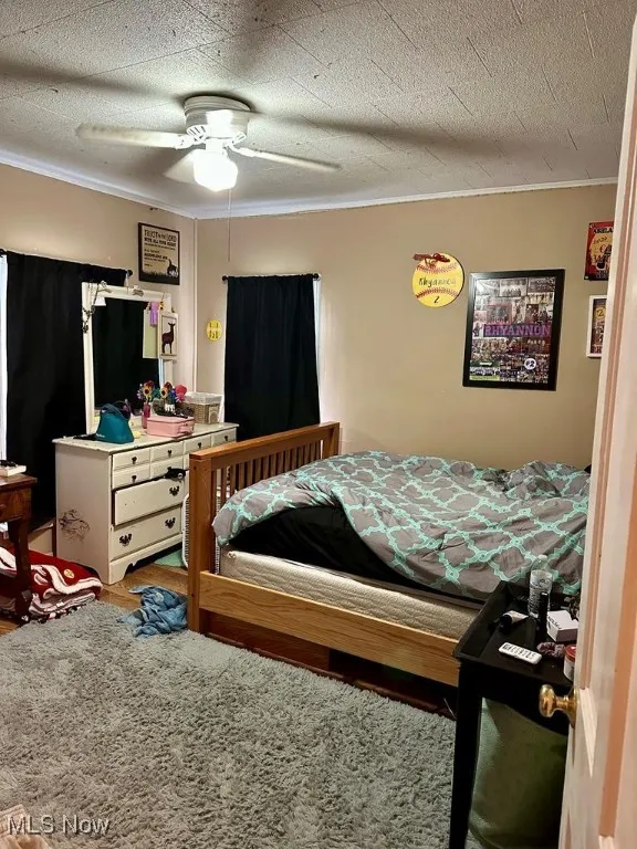 Bedroom featuring ornamental molding and ceiling fan