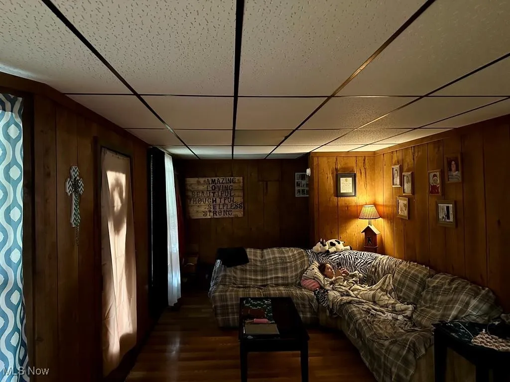 Home theater featuring wooden walls, wood finished floors, and a drop ceiling