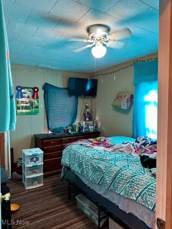 Bedroom featuring dark carpet and ceiling fan