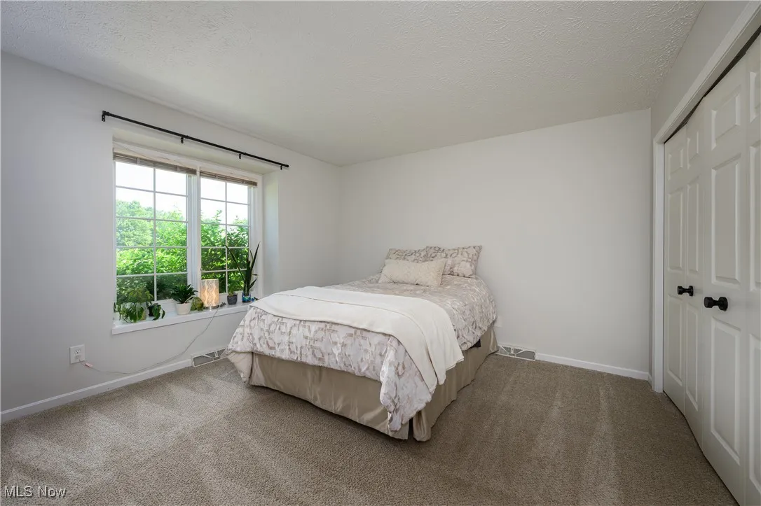 Carpeted bedroom featuring a closet and a textured ceiling