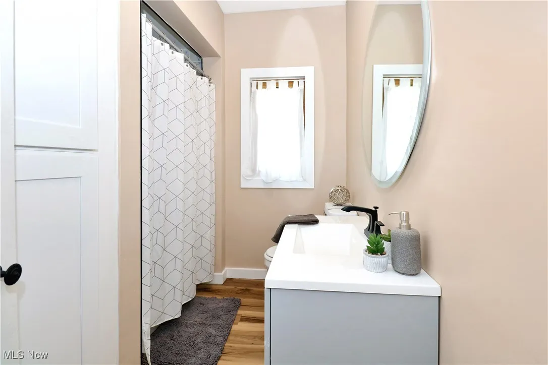 Bathroom with vanity, wood finished floors, and a shower with shower curtain