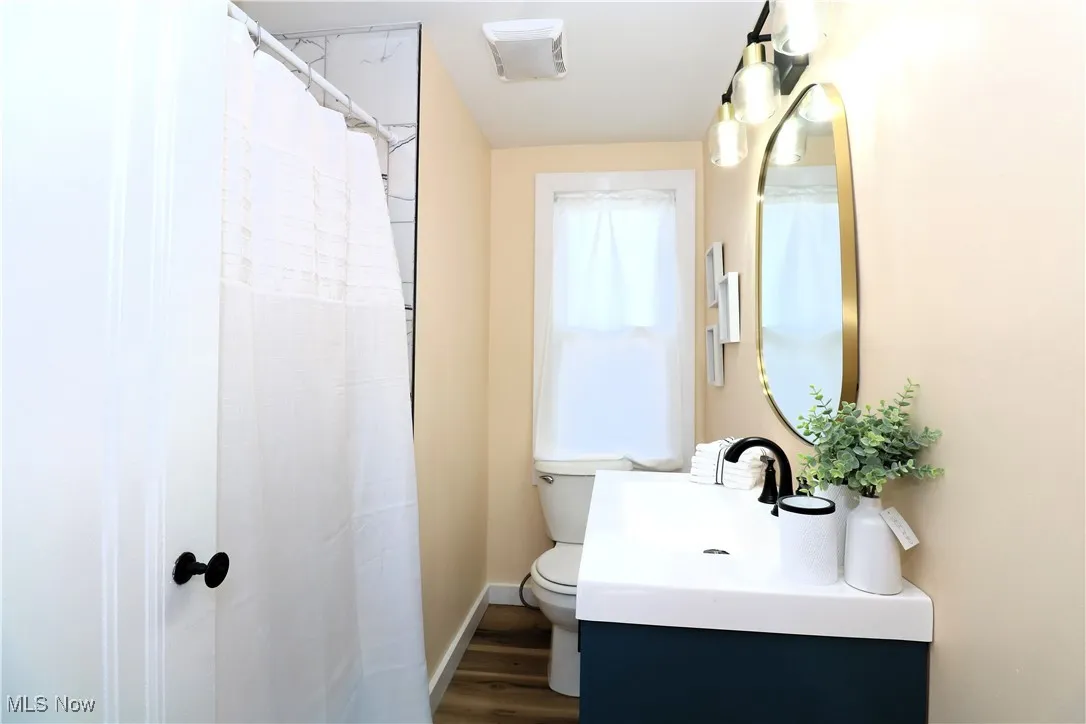 Bathroom featuring vanity, wood finished floors, and a shower with shower​​‌​​​​‌​​‌‌​‌‌​​​‌‌​‌​‌​‌​​​‌​​ curtain