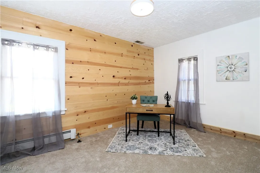 Office space with carpet floors, a textured ceiling, wooden walls, and baseboard heating