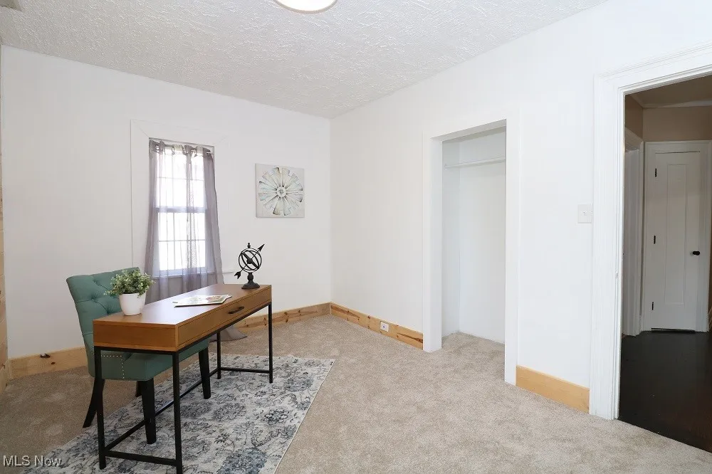 Office space featuring light carpet and a textured ceiling