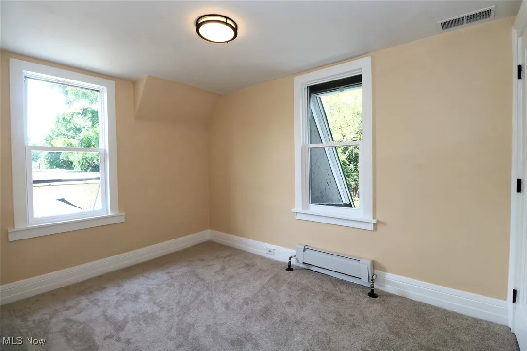 Additional living space featuring baseboard heating and carpet