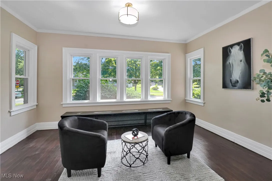 Sitting room with plenty of natural light, dark wood finished floors, ornamental molding, and radiator
