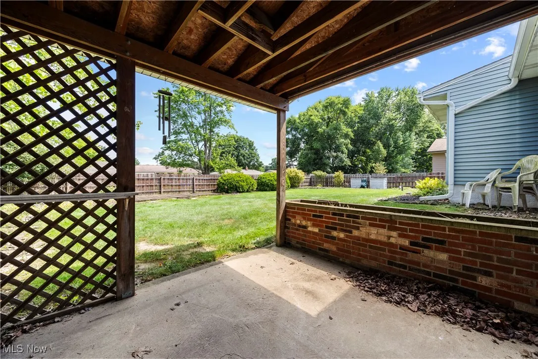 Fenced backyard featuring a covered patio