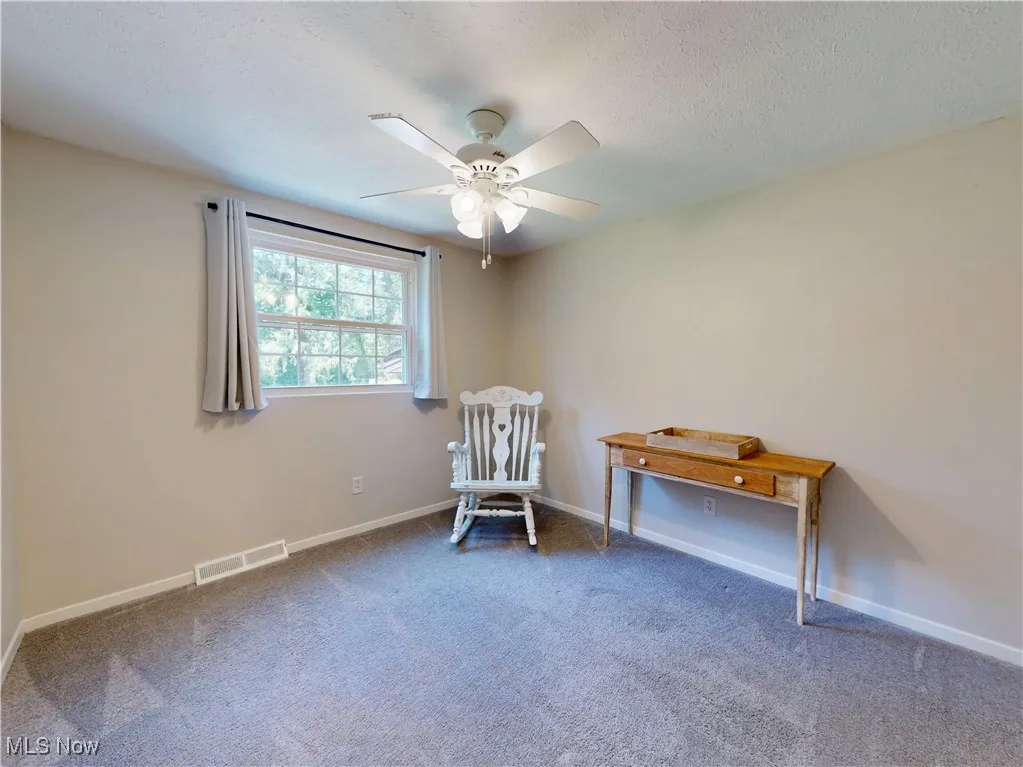 Living area featuring carpet floors, ceiling fan, and a textured ceiling