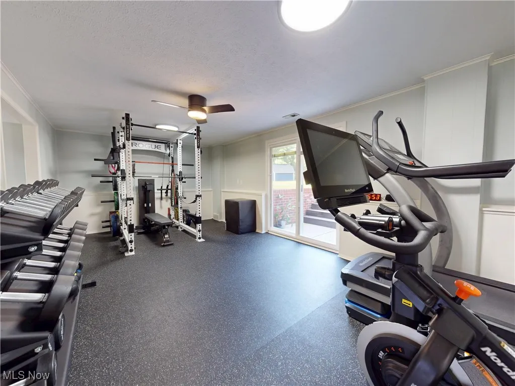 Exercise room with crown molding, a ceiling fan, and a textured ceiling