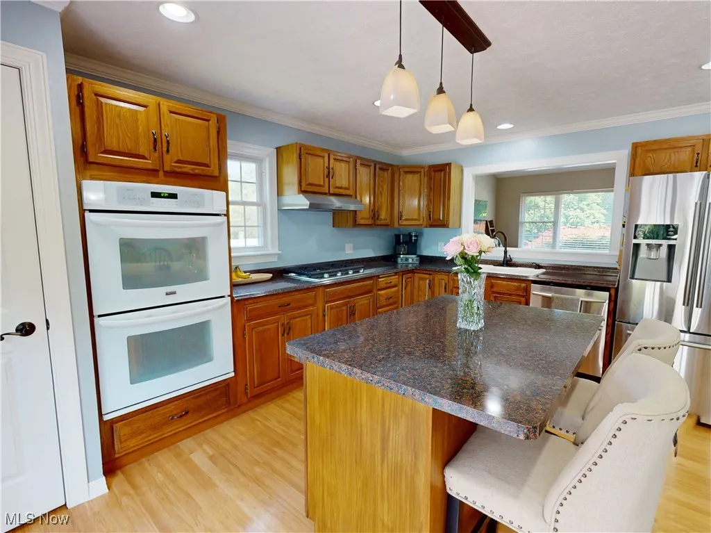Kitchen featuring stainless steel appliances, under cabinet range hood, healthy amount of natural light, light wood-style floors, and recessed lighting