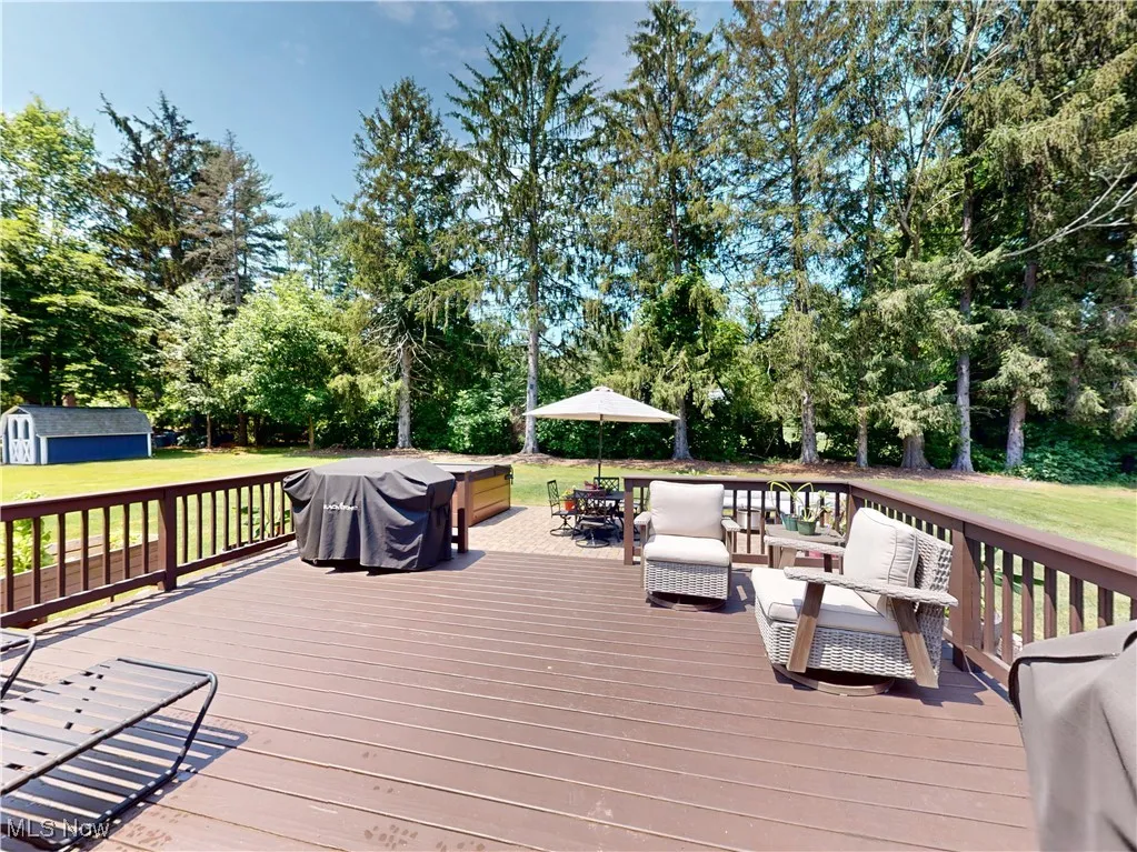 Wooden terrace with view of scattered trees, a shed, a yard, grilling area, and outdoor dining space