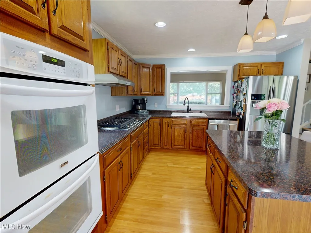 Kitchen featuring stainless steel appliances, light wood-style floors, brown cabinetry, ornamental molding, and under cabinet range hood