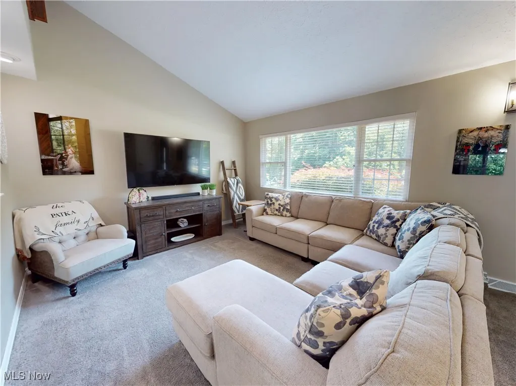 Living room with light colored carpet and lofted ceiling