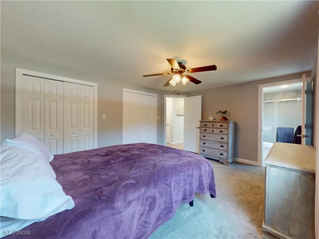 Bedroom with two closets, light colored carpet, and a ceiling fan