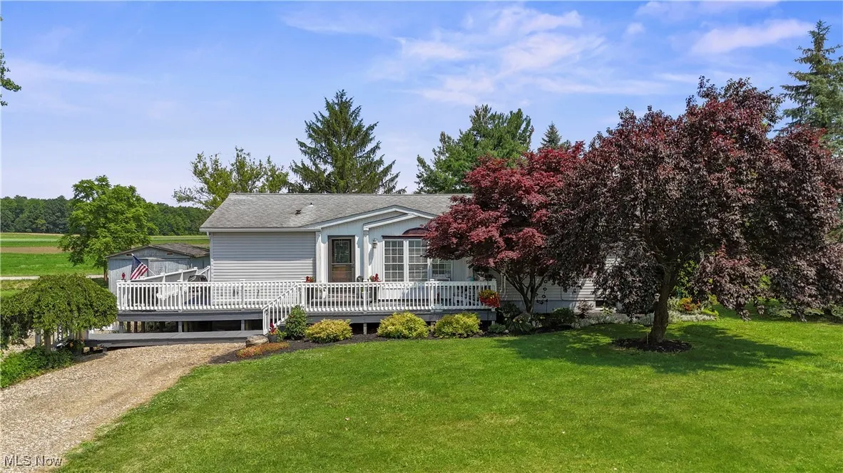 View of front of property with a front yard, a deck, dirt driveway, and a shingled roof