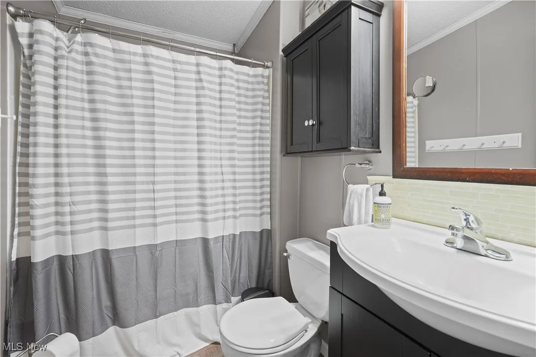 Full bath with ornamental molding, a textured ceiling, vanity, and tasteful backsplash
