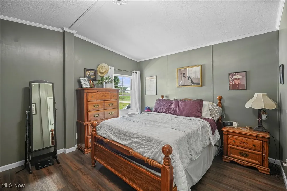 Bedroom with crown molding, dark wood-style flooring, and lofted ceiling