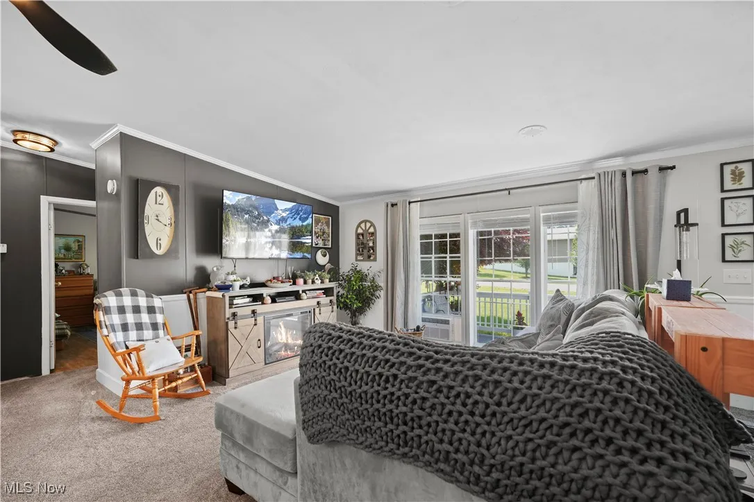 Living room featuring ornamental molding, carpet floors, and a glass covered fireplace