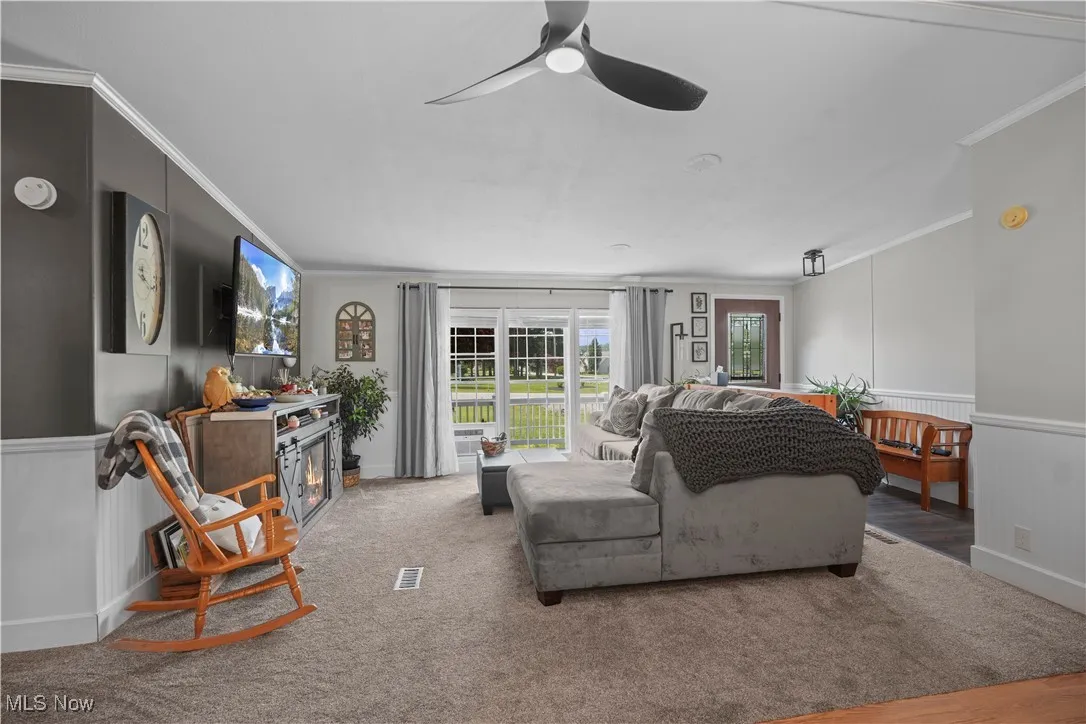 Living room with crown molding, ceiling fan, wainscoting, and carpet