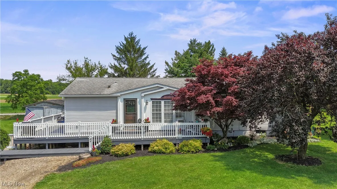 Rear view of property with a shingled roof, a deck, and a lawn