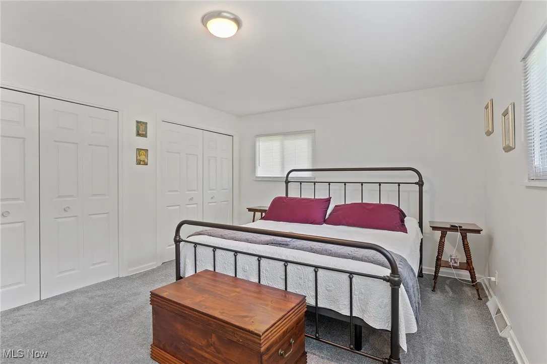 Carpeted bedroom with multiple closets.