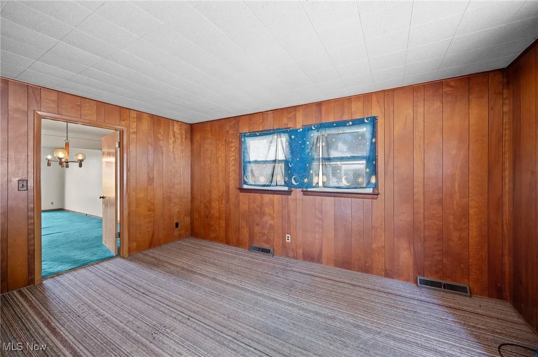 Unfurnished family room featuring carpet flooring, and wooden walls