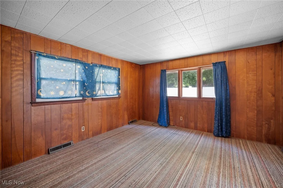 Carpeted family room with wooden walls
