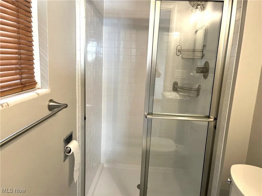 Bathroom featuring a shower stall and toilet