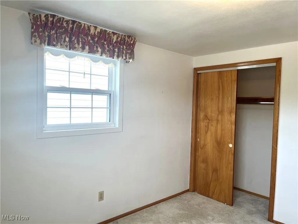 Unfurnished bedroom featuring light colored carpet and a closet
