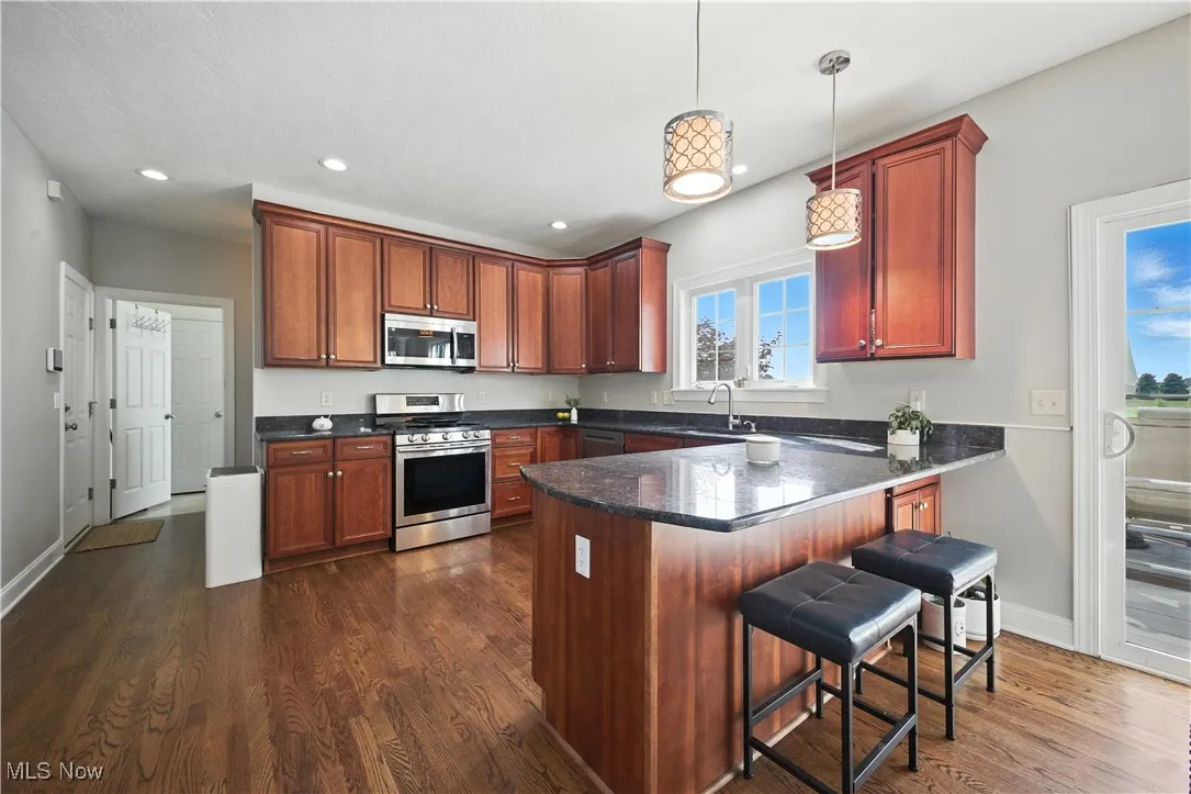 Kitchen featuring stainless steel appliances, a peninsula, dark wood-style flooring, recessed lighting, and pendant lighting