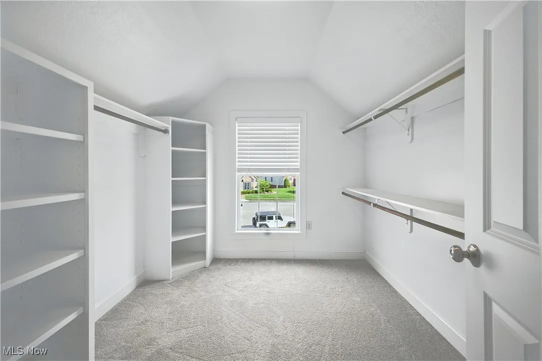 Spacious closet with carpet flooring and vaulted ceiling