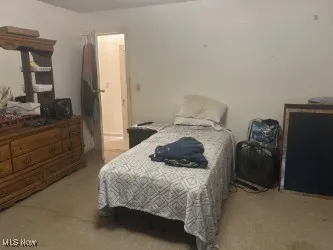 Bedroom featuring light colored carpet