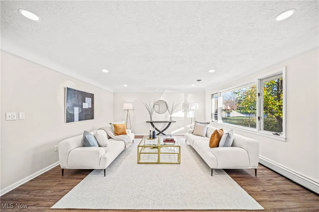 Living room featuring dark wood-type flooring, a textured ceiling, and a baseboard heating unit