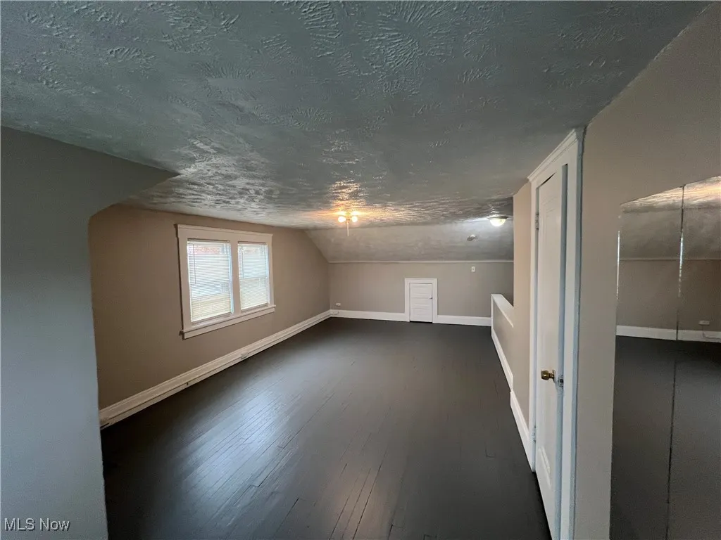 Additional living space featuring a textured ceiling, dark wood-style floors, and lofted ceiling