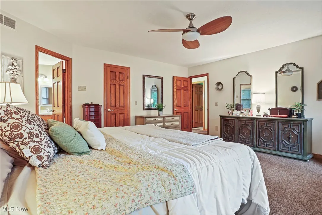 Carpeted bedroom with ensuite bathroom and ceiling fan